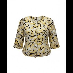 Dressbarn Woman Yellow Black Floral Textured Cropped Jacket Blazer 18W